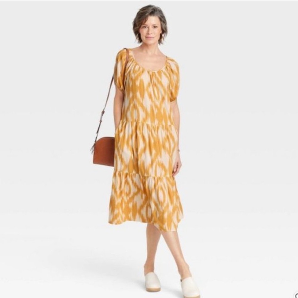 Yellow & White Patterned Women's Midi Dress with pockets